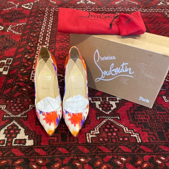 CHRISTIAN LOUBOUTIN Multicolor Print Satin Decollete 554 100 Pumps Heels 37.5 - Picture 2 of 7